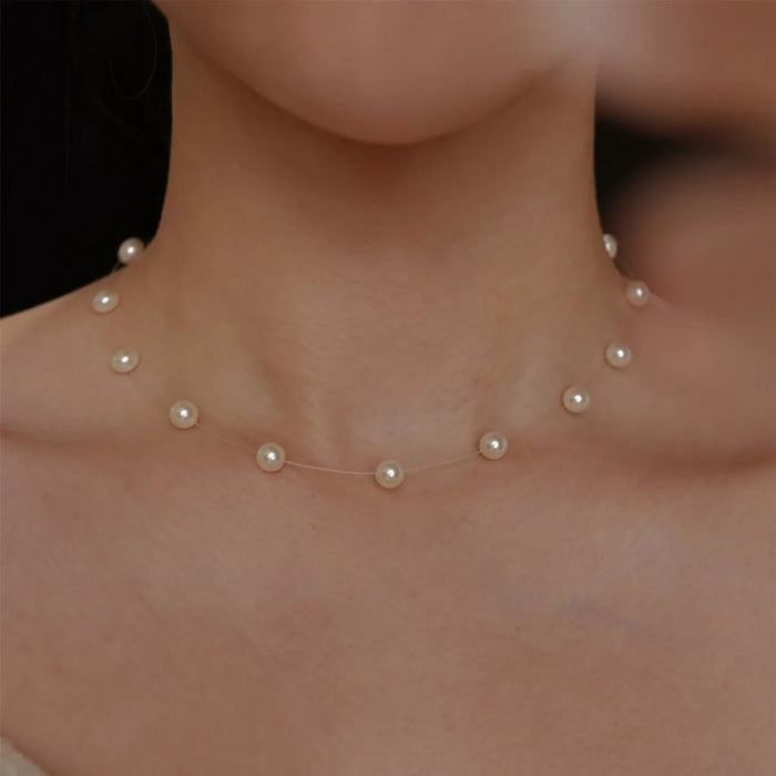 Cadena de clavícula con cuentas de perlas de hilo de pescar transparente para mujer - Quierox - Tienda Online