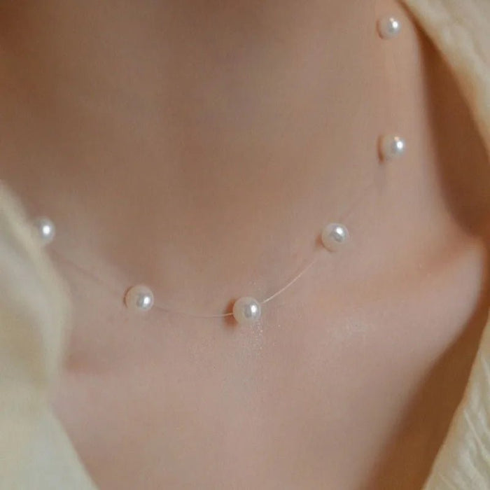 Cadena de clavícula con cuentas de perlas de hilo de pescar transparente para mujer - Quierox - Tienda Online
