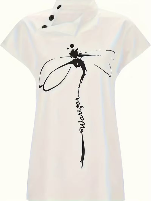 Camisa Elegante de Manga Corta con Estampado de Libélula y Botones Inclinados para Mujer