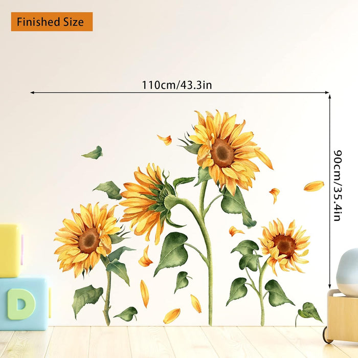 Calcomanía de pared vintage de girasol, diseño floral de jardín, flores amarillas con hojas verdes - Quierox - Tienda Online