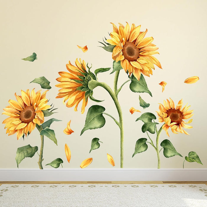 Calcomanía de pared vintage de girasol, diseño floral de jardín, flores amarillas con hojas verdes - Quierox - Tienda Online