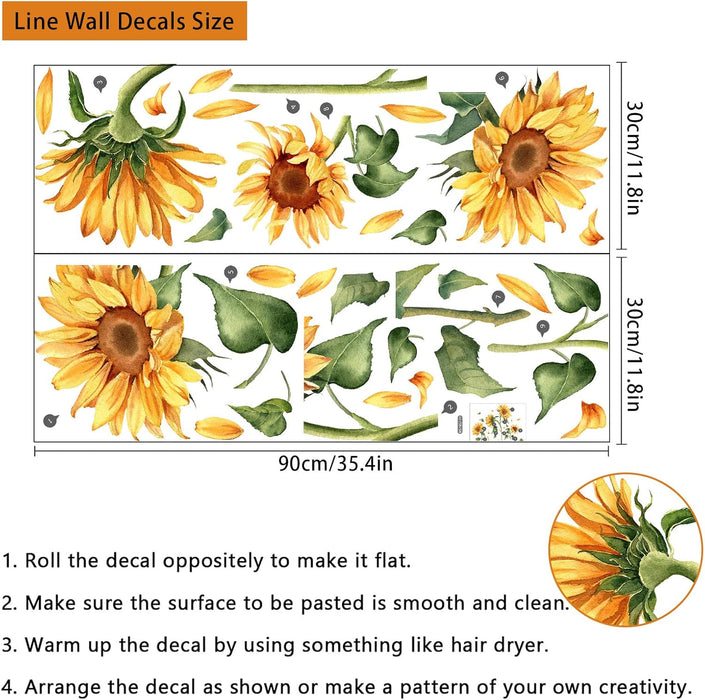 Calcomanía de pared vintage de girasol, diseño floral de jardín, flores amarillas con hojas verdes - Quierox - Tienda Online