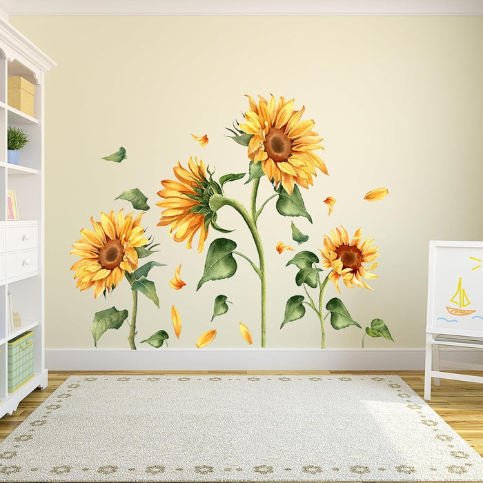 Calcomanía de pared vintage de girasol, diseño floral de jardín, flores amarillas con hojas verdes - Quierox - Tienda Online
