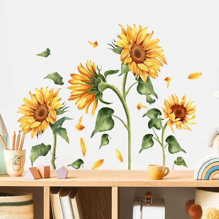 Calcomanía de pared vintage de girasol, diseño floral de jardín, flores amarillas con hojas verdes - Quierox - Tienda Online