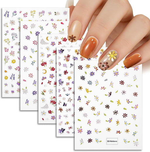 Calcomanías para uñas de flores en relieve 5D, diseño de pétalos coloridos 5 en 1 - Quierox - Tienda Online