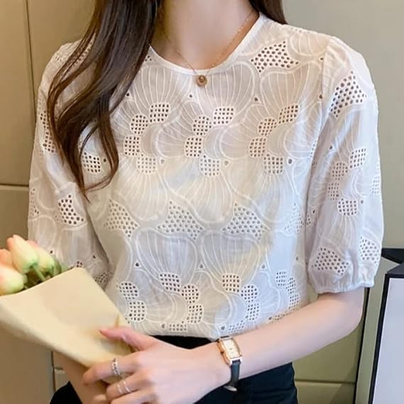 Camisa de verano para mujer, blanca de gasa de manga corta - Quierox - Tienda Online
