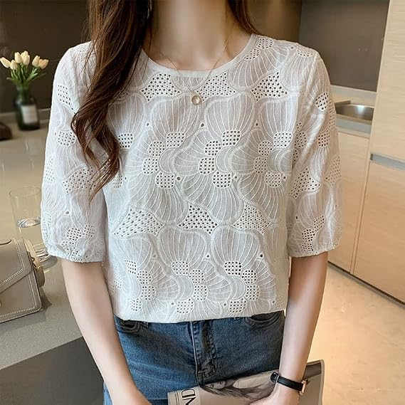 Camisa de verano para mujer, blanca de gasa de manga corta - Quierox - Tienda Online