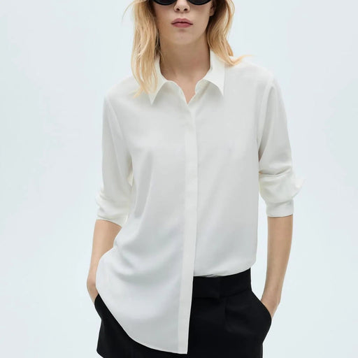 Camisa drapeada de manga larga para mujer de Mango en color blanco roto - Quierox - Tienda Online