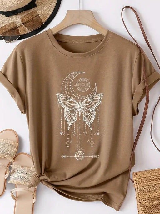 Camiseta casual de cuello redondo para mujer con estampado de luna y mariposa - Quierox - Tienda Online