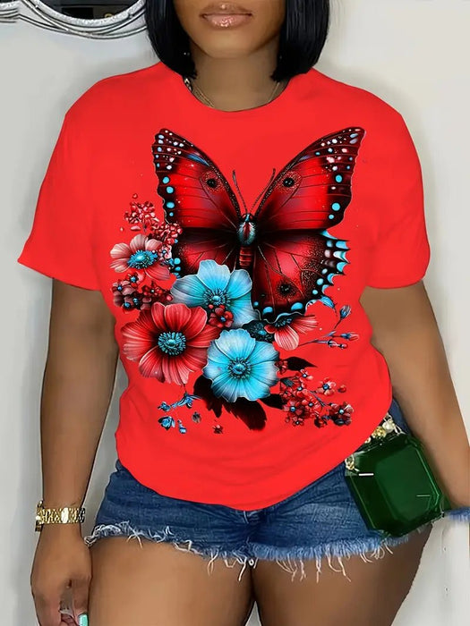 Camiseta de cuello redondo con estampado floral de mariposas, para mujer - Quierox - Tienda Online