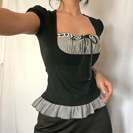 Camiseta de encaje con volantes y cuello cuadrado para mujer, manga corta - Quierox - Tienda Online