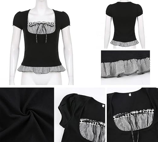 Camiseta de encaje con volantes y cuello cuadrado para mujer, manga corta - Quierox - Tienda Online