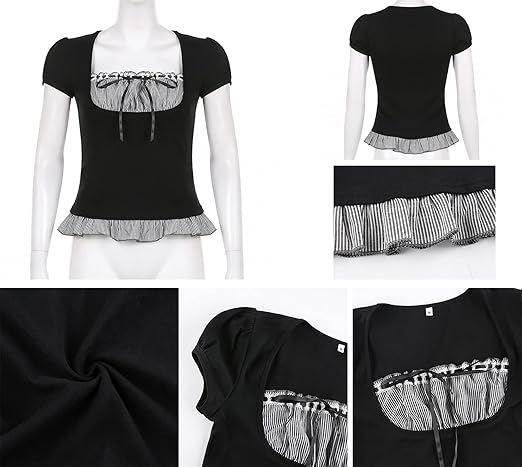 Camiseta de encaje con volantes y cuello cuadrado para mujer, manga corta - Quierox - Tienda Online