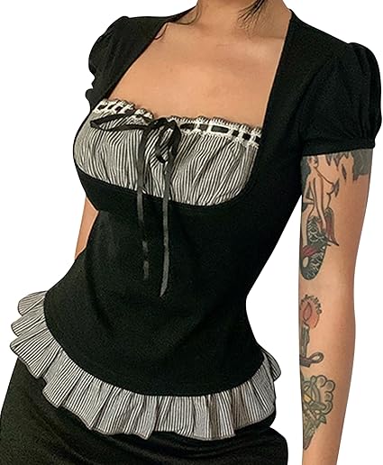Camiseta de encaje con volantes y cuello cuadrado para mujer, manga corta - Quierox - Tienda Online