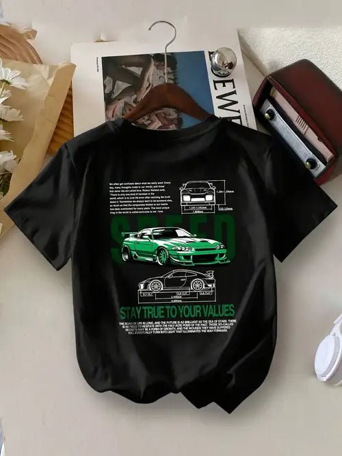 Camiseta de manga corta y cuello redondo con estampado de lema y automóvil para hombres - Quierox - Tienda Online