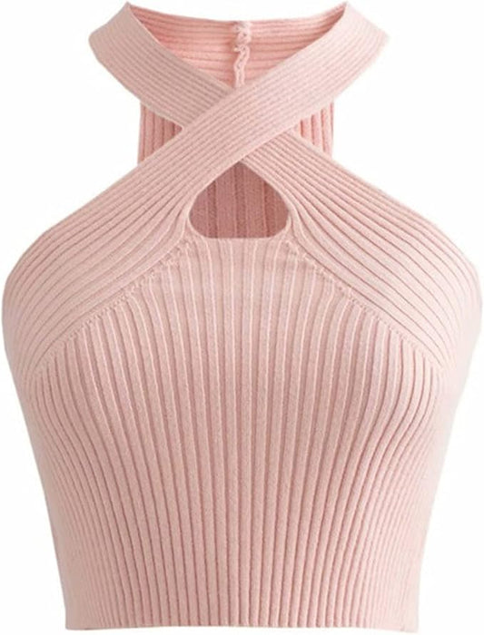 Camiseta sin mangas con cuello halter para mujer de punto acanalado - Quierox - Tienda Online