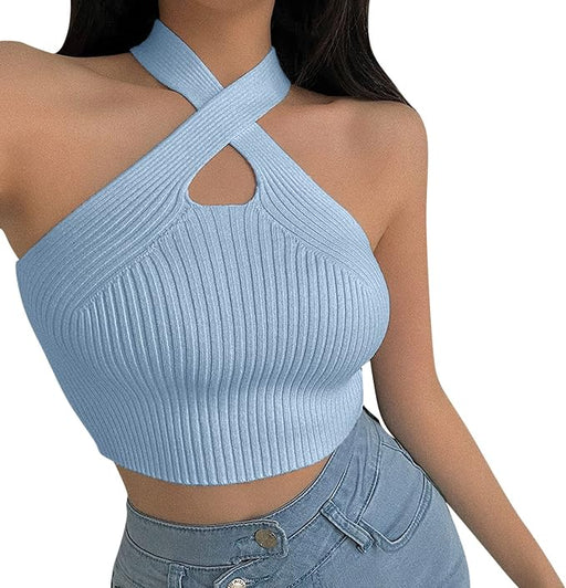 Camiseta sin mangas con cuello halter para mujer de punto acanalado - Quierox - Tienda Online