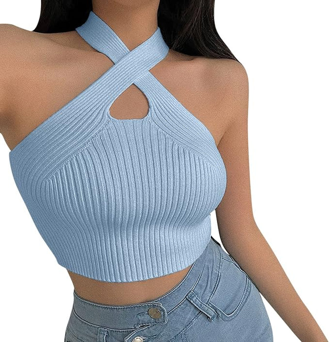 Camiseta sin mangas con cuello halter para mujer de punto acanalado - Quierox - Tienda Online