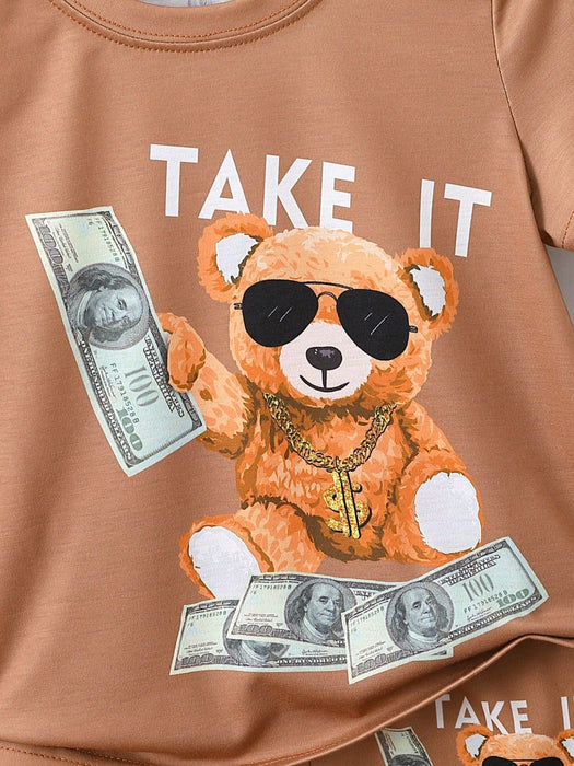 Camiseta y pantalones cortos con gráfico de oso y letra para niño pequeño - Quierox - Tienda Online