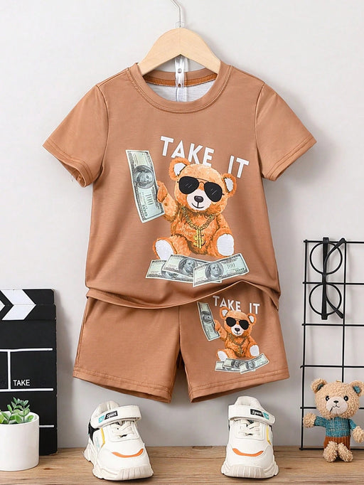 Camiseta y pantalones cortos con gráfico de oso y letra para niño pequeño - Quierox - Tienda Online