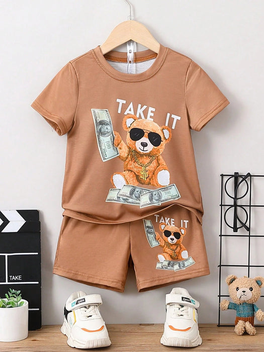 Camiseta y pantalones cortos con gráfico de oso y letra para niño pequeño - Quierox - Tienda Online
