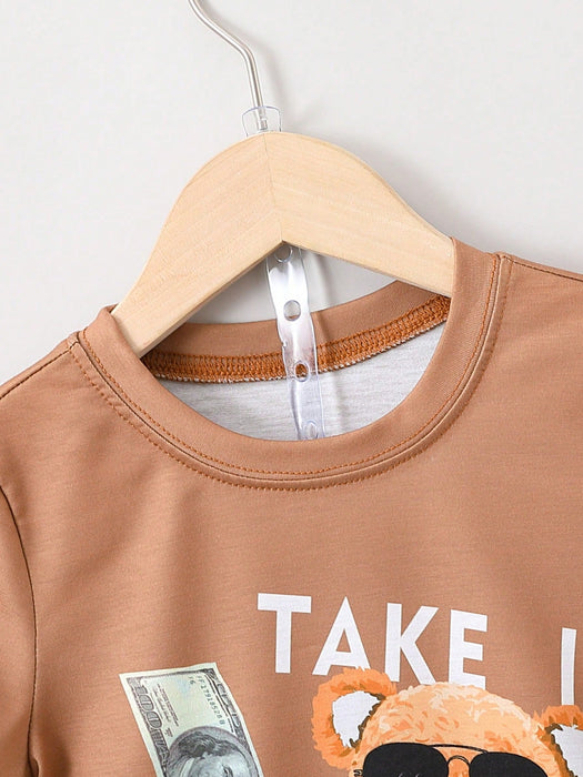 Camiseta y pantalones cortos con gráfico de oso y letra para niño pequeño - Quierox - Tienda Online