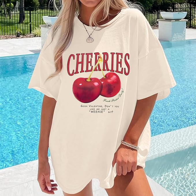 Camisetas gráficas de gran tamaño Pairxily, camisa vintage de cereza para mujer - Quierox - Tienda Online