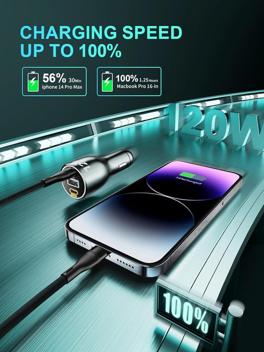 Cargador de coche USB C de 120 W, totalmente metálico, PD3.0, 100 W/20 W + 18 W de 3 puertos - Quierox - Tienda Online