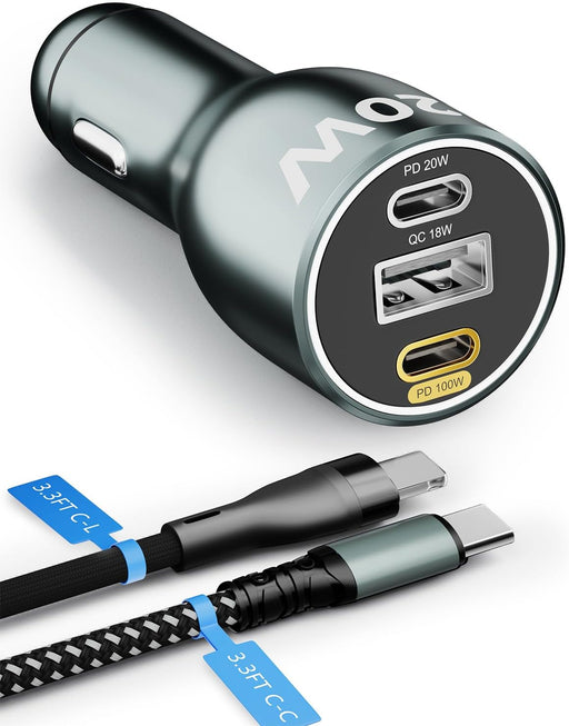 Cargador de coche USB C de 120 W, totalmente metálico, PD3.0, 100 W/20 W + 18 W de 3 puertos - Quierox - Tienda Online