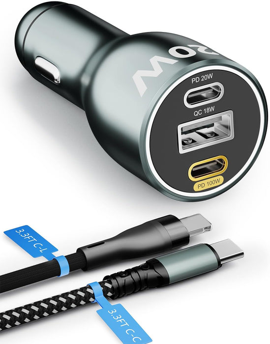 Cargador de coche USB C de 120 W, totalmente metálico, PD3.0, 100 W/20 W + 18 W de 3 puertos - Quierox - Tienda Online