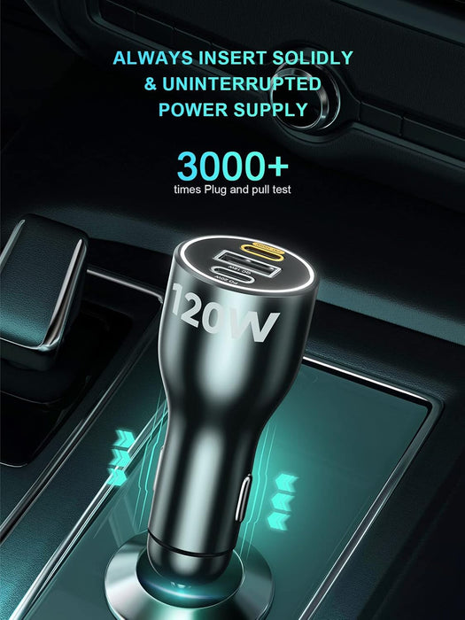 Cargador de coche USB C de 120 W, totalmente metálico, PD3.0, 100 W/20 W + 18 W de 3 puertos - Quierox - Tienda Online