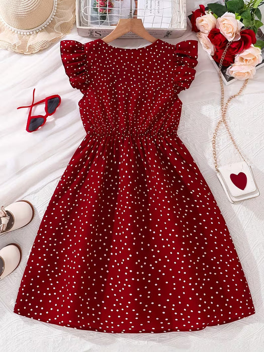 Vestido para niñas, rojo vino con lunares, con botones, manga volante pequeña, cuello en V