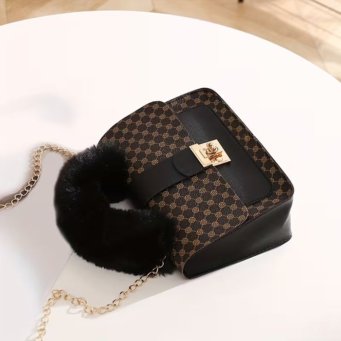 1 pza. Bolso bandolera de PU con estampado para niña, bonito bolso de mano de felpa