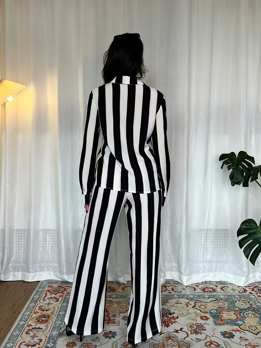 Conjunto Clásico de Rayas Verticales en Blanco y de 2 Piezas: Camisa + Pantalones