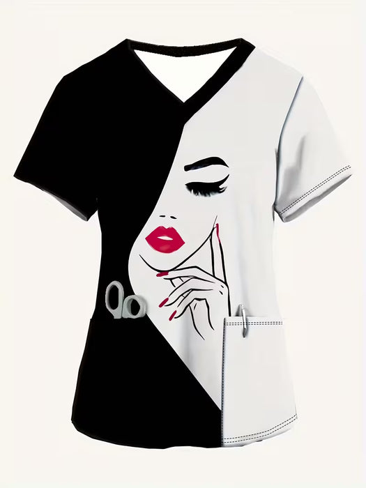 Camiseta elegante de cuello en V para mujer con diseño de retrato de mujer, uniforme de enfermera de manga corta