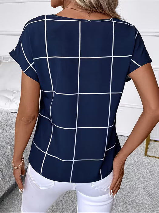Camiseta Casual de Mujer con Estampado a Cuadros, Cuello en V