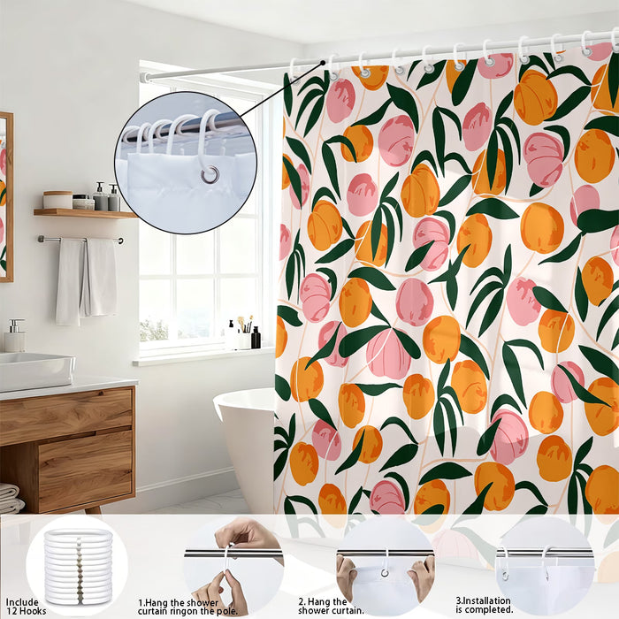 1 pieza Cortina de ducha con diseño de durazno rosa con rama y hoja verdes 180x180cm
