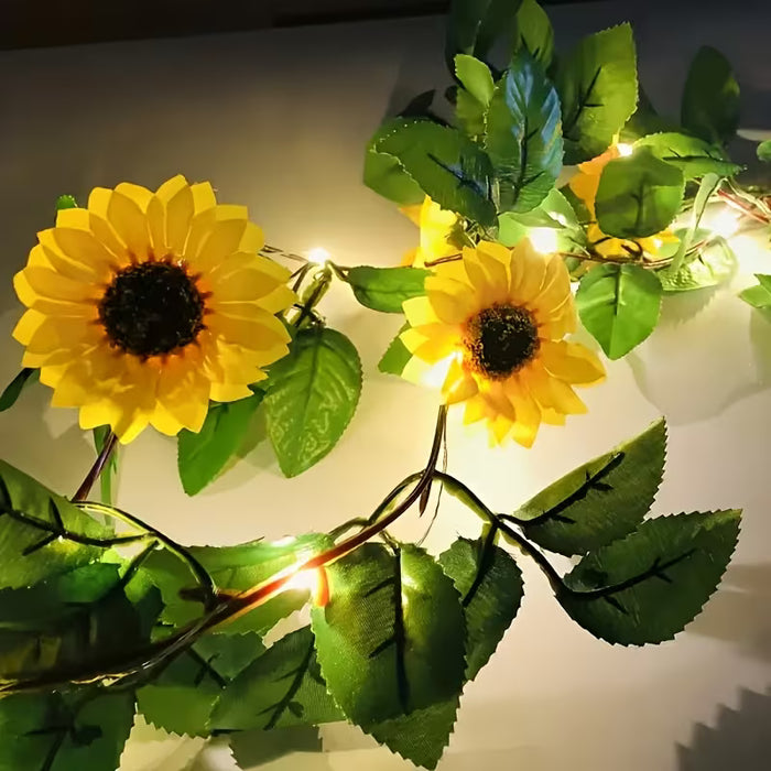 1 Guirnalda de Girasol Artificial Bohemio |20 Luces LED con Hojas Verdes 2m