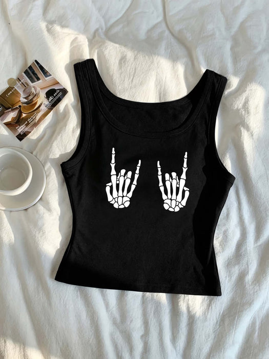 Top de mujer de primavera/verano con estampado de calavera y palmera, estilo fresco