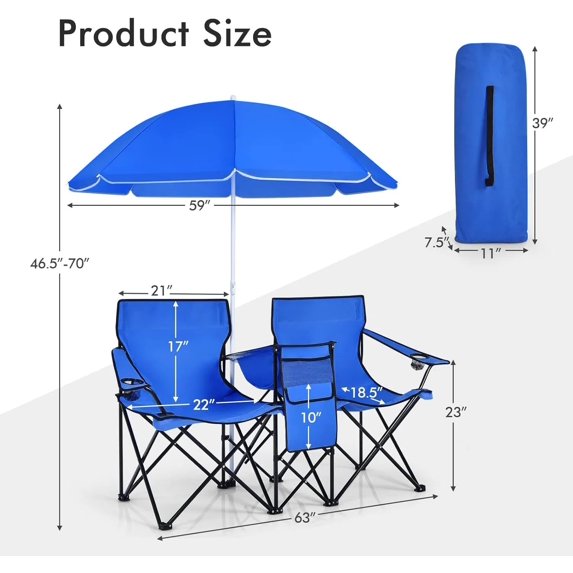 Silla doble de camping con sombrilla, plegables de dos plazas con toldo