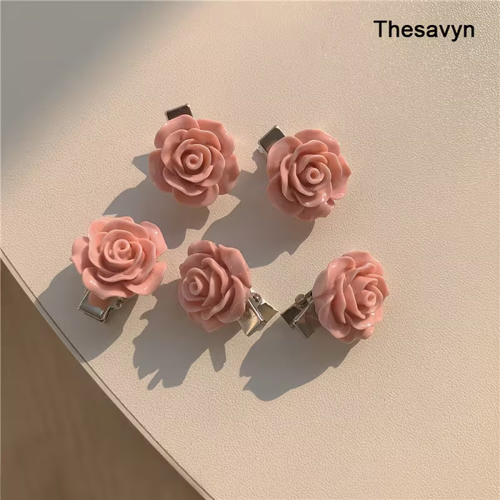 6 Piezas de Horquillas Dulces y Lindas de Flor de Camelia Rosa, Pinzas de Pico de Pato