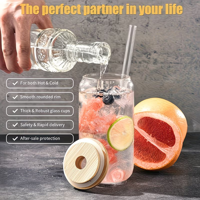Conjunto de 4 taza de agua de 550ml + 4 tapa de bambú + 4 pajita de vidrio + 2 cepillo para pajitas)
