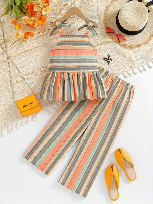 Conjunto de dos piezas de moda coreana para niñas con top a rayas