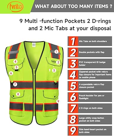 Chaleco de seguridad amarillo FVRITO para hombres y mujeres con 9 bolsillos y cremallera - Quierox - Tienda Online