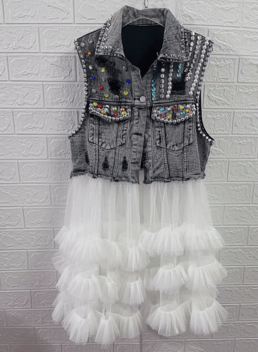 Chaleco vaquero rasgado con cuentas de diamantes, volantes de verano - Quierox - Tienda Online