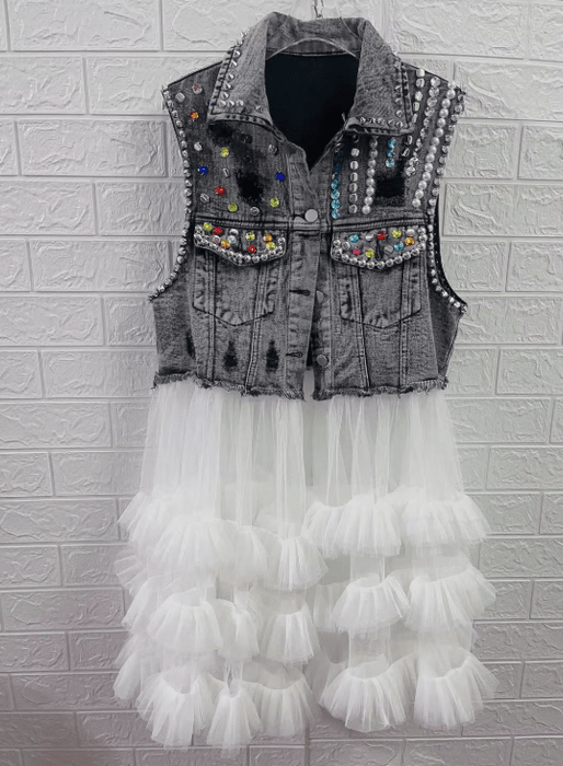Chaleco vaquero rasgado con cuentas de diamantes, volantes de verano - Quierox - Tienda Online