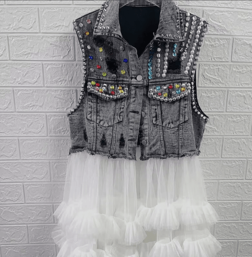 Chaleco vaquero rasgado con cuentas de diamantes, volantes de verano - Quierox - Tienda Online