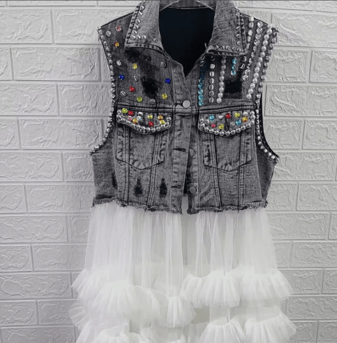 Chaleco vaquero rasgado con cuentas de diamantes, volantes de verano - Quierox - Tienda Online