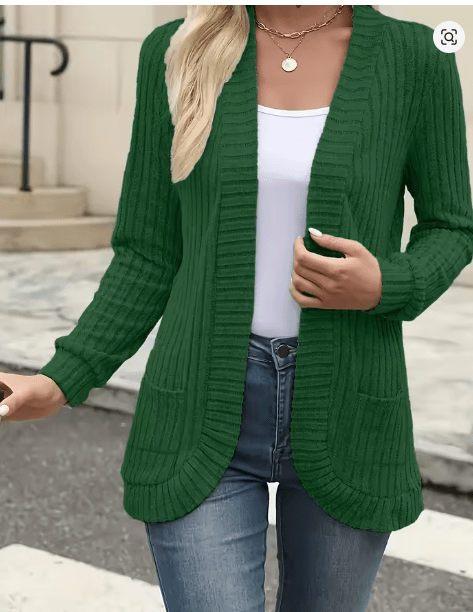 Chaqueta cárdigan cepillada a rayas informales de color sólido para mujer verde - Quierox - Tienda Online