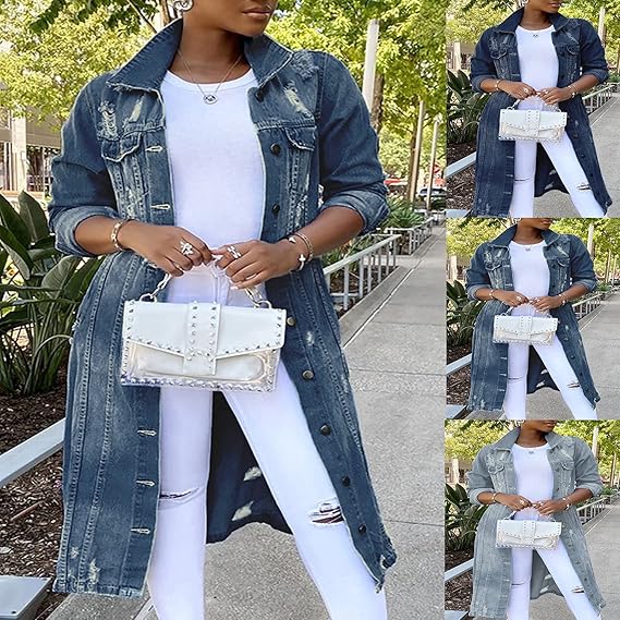 Chaqueta de mezclilla larga para mujer, abrigo de mezclilla cálido de invierno - Quierox - Tienda Online